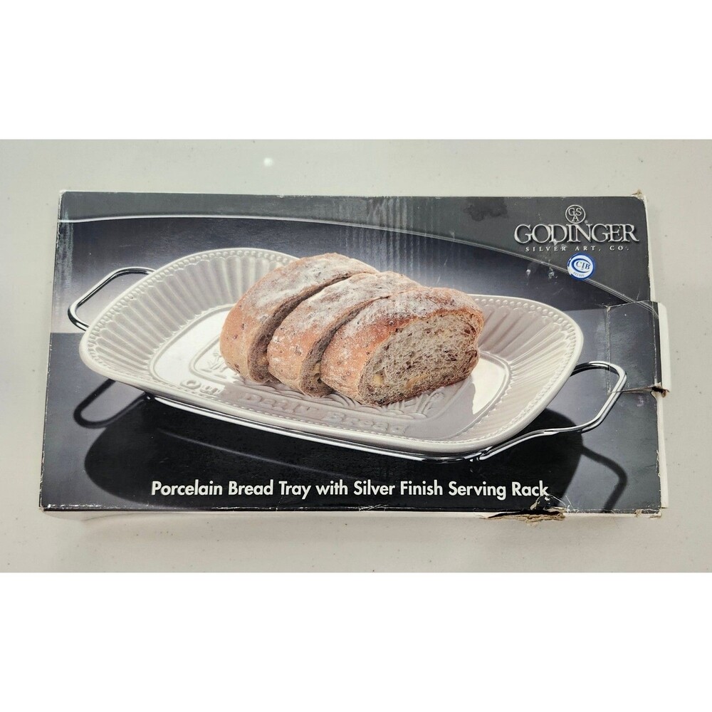 Godinger White Porcelain Bread Tray  Silver Finish Serving Rack BLESS THIS HOME